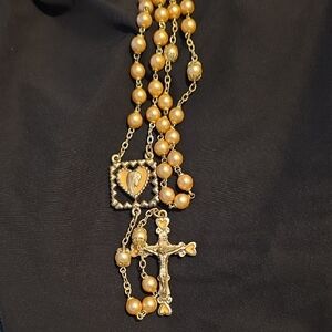 Gold Pearl Rosary Necklace